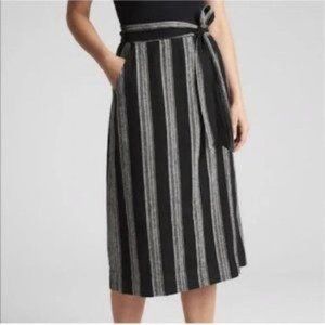 GAP Wrap Tie-Belt Midi Skirt Black Gray Stripe Linen Blend